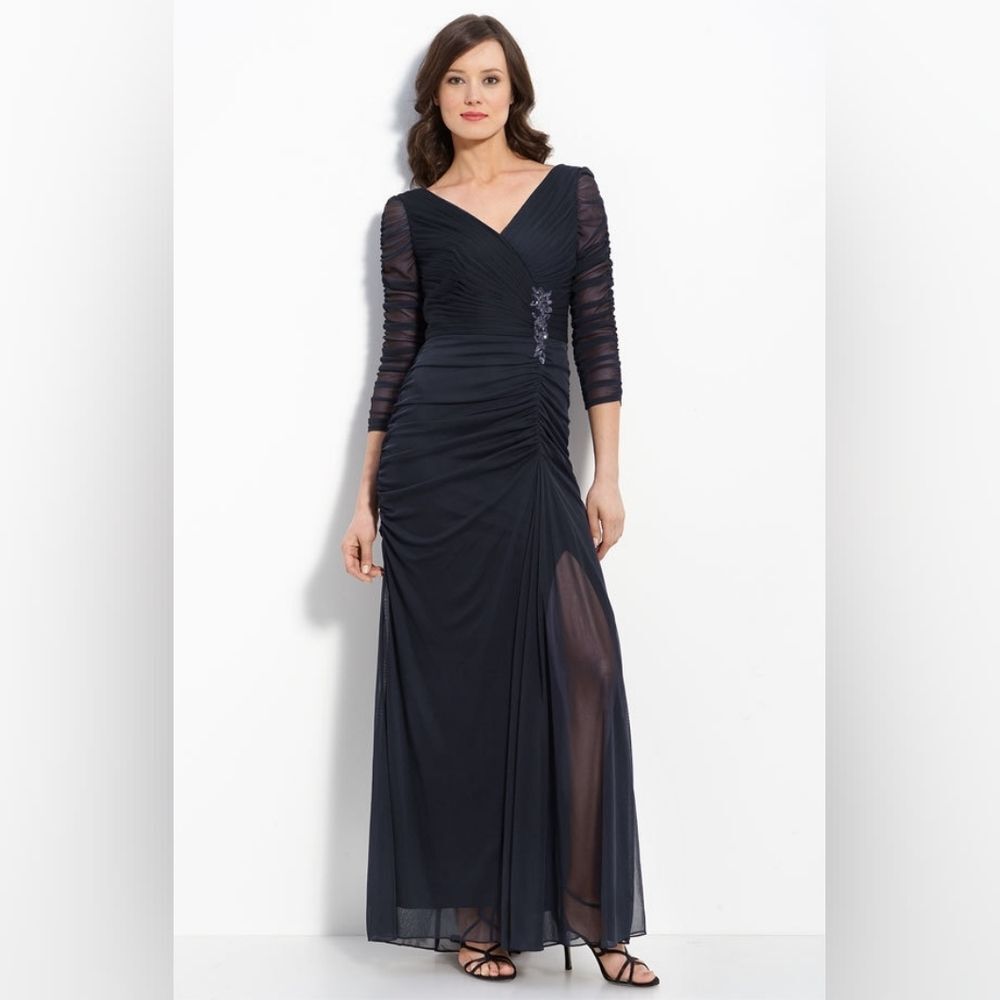 Adrianna Papell Ruched Mesh Sleeve Long Maxi Jewel Embellished‎ Navy Dress 18W